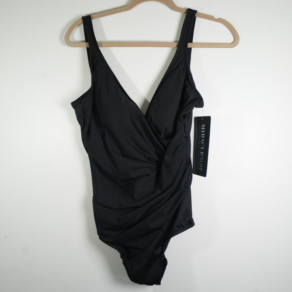 Miraclesuit Oceanus Swimsuit Womens 14 Black One Piece Tummy Control Ruched NEW